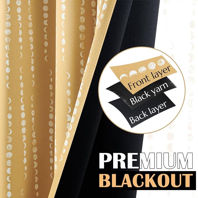 jinchan Boho Blackout Curtains 96 Inches Long Moon Phase Printed Drapes | Mustard Yellow Farmhouse Curtain for Bedroom Living Room Back Tab Rod Pocket Drapes Room Darkening Window Treatment 2 Panels