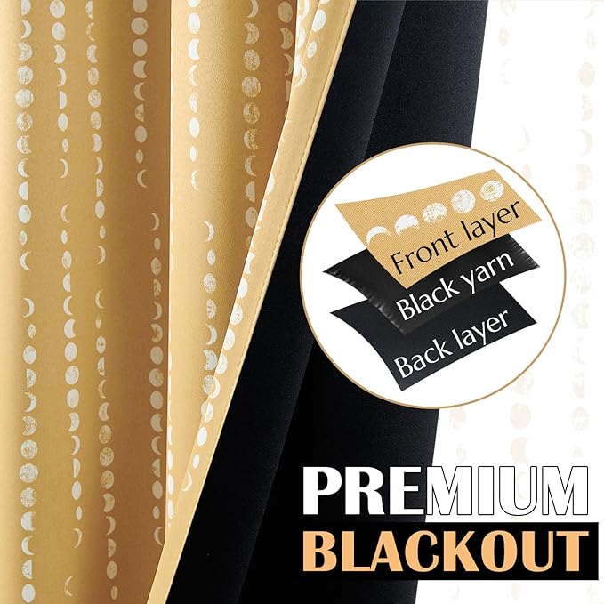 jinchan Boho Blackout Curtains 90 Inches Long Moon Phase Printed Drapes | Mustard Yellow Farmhouse Curtain for Bedroom Living Room Back Tab Rod Pocket Drapes Room Darkening Window Treatment 2 Panels