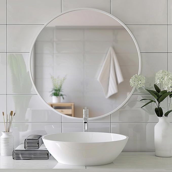 White Circle Mirror, 20 inch Round Wall Mirror, Matte Metal Frame | High Definition Mirror, Rust-resistant, Easy Installation, Round Mirrors for Bedroom, Guest Room, Baby room, Vanity