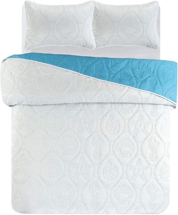 Legacy Decor 3 PCS Shell & Seahorse Reversible All Season Bedspread Quilt Coverlet Oversize, Blue Color, Queen Size