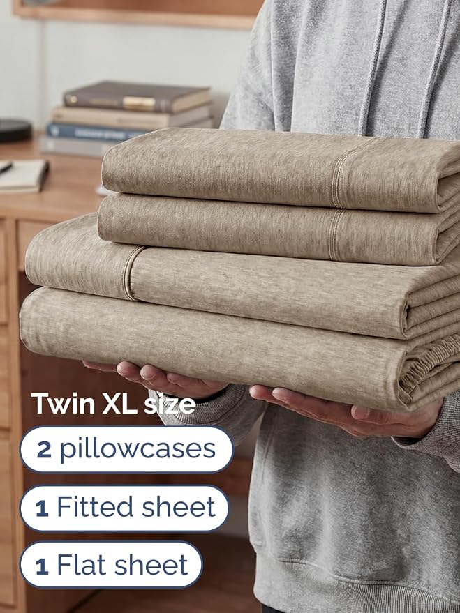 Extra Deep Twin XL Sheet Set - 4 Piece College Dorm Room - Heathered Beige | College Dorm Room Essentials, Easy & Secure Fit, Ultra-Soft, Wrinkle & Fade Free, Comfy Sheets Set with Extra Deep Pockets