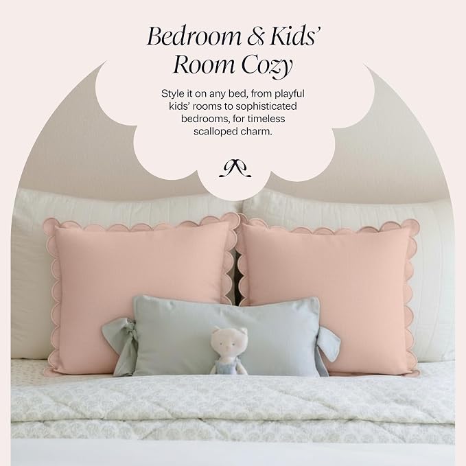 BEBE BASK Scalloped Pillow Cover Set of 2, 18x18, Cotton - Peach Pink | 100% Cotton, Scallop Pillow Covers, Grandmillennial Style, 18 by 18 Inch, Easy to Care, Machine Washable, Scalloped Pillows
