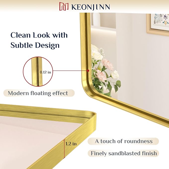 Keonjinn 30 x 30 Inch Brushed Gold Bathroom Mirrors for Over Sink | HD Tempered Glass, Shatter-Resistant, Brass Vanity Mirror, Anti-Rust Aluminum Frame, Rounded Rectangle, French Cleat Mount