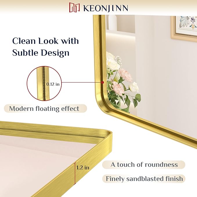 Keonjinn 48 x 36 Inch Brushed Gold Bathroom Vanity Mirror, Tempered Glass | Brass Bathroom Mirrors for over Sink, Anti-Rust Aluminum Frame, Rounded Rectangle, French Cleat Mount, Clear Reflection