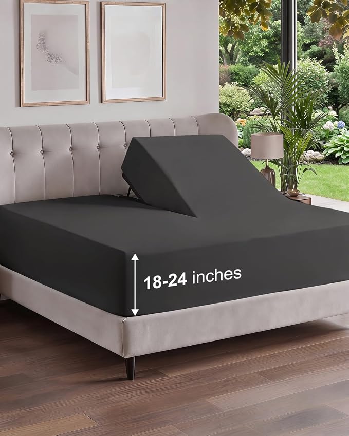 Extra Deep Flex Top Split Head King Fitted Sheet Only - Charcoal | Easily Fits 18 inch to 24 inch Mattress, Soft, Wrinkle Free, Breathable & Comfy, Extra Deep Pockets Hotel Luxury Fitted Sheet