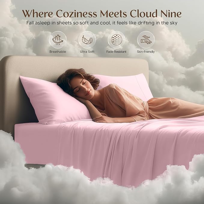 King Sheets Set, 4 Pieces 16" Deep Pocket Hotel Luxury Sheets, Crystal Pink | Extra Soft Bedsheet Set, Comfy & Breathable Cooling Sheets, Wrinkle & Fade Resistant, Fitted Sheet, Flat Sheet, 2 Pillowcases
