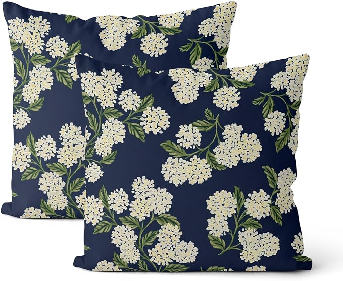 Navy Blue Spring Pillow Covers 18x18 Inch 2 Pcs Green Yellow Hydrangea Flower Decor Throw Pillows Vintage Floral Seasonal Summer Outdoor Decoration Pillowcase Linen Cushion Cover for Couch Sofa
