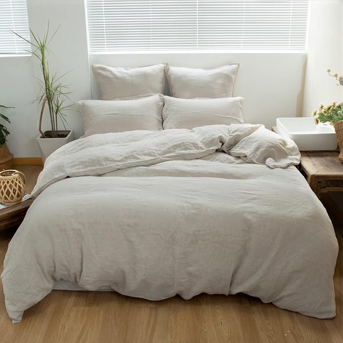 Simple&Opulence 100% Linen Duvet Cover Set 3pcs Basic Style Natural French Washed Flax Solid Color Soft Breathable Farmhouse Bedding with Button Closure - Linen, King