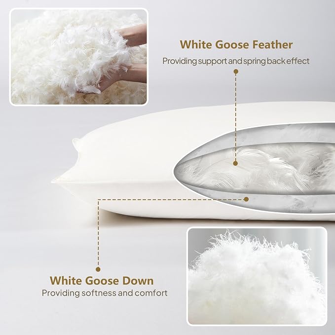 Goose Down Body Pillows for Adults, Large Body Pillow for Side Sleeper, Hugging Feather Body Pillow Insert, Cooling Full Length Long Pillow for Bed with 100% Organic Cotton Shell, (White 20"x60")