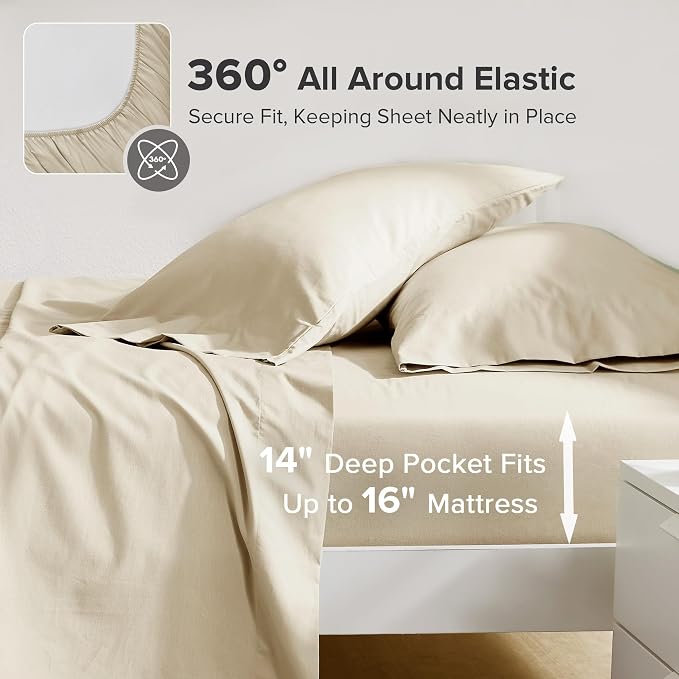 Comfort Spaces 100% Cotton Percale Sheets Queen Sheet Set 4 Pcs, Cream | Crisp, Cool & Breathable Bed Sheets, 14" Deep Pocket Fits Up to 16" Mattress, Lightweight, All Season Cozy, with Pillow Case