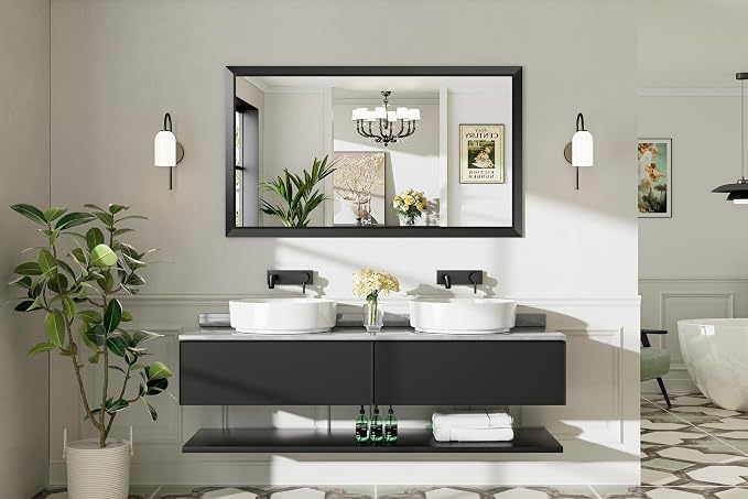 Black Metal Framed Bathroom Wall Mirror, 55x32 Inch | Anti-rust, HD tempered glass, for bathroom vanity, bedroom, living room, horizontal or vertical mount