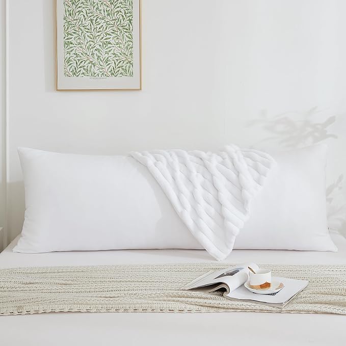 Full Body Pillow with Fluffy Stripe Faux Fur Removable Cover, Long Bed Pillow Adult 20x54 Inches for Side Sleeper and Pregnancy, White.