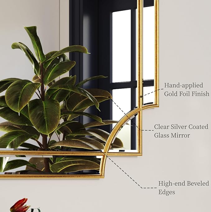 Kelly Miller 30"x70" Gold Foil Scalloped Edge Decorative Full Length Mirror | Hand-Applied Gold Foil Finish. HD Mirror With French Cleat. Elegant Beveled Wall Mirror Decor For Bathroom Bedroom Entryway.