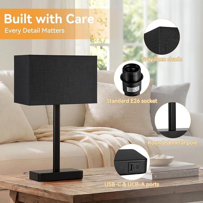 Touch Lamps for Nightstands Set of 2, Dimmable Black Bedside Table Lamp | Modern Table Lamp for Bedroom, Black Desk Lamp for Living room, with USB C+A, End Tables Bed Side, Bulb Included