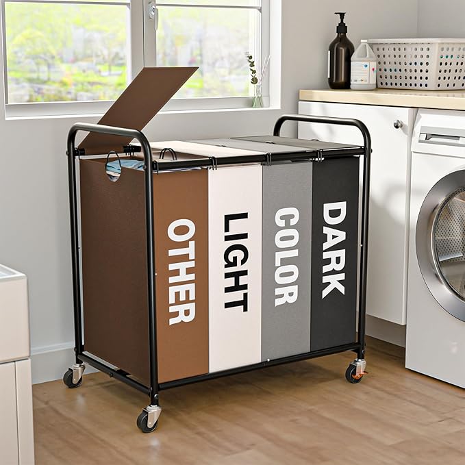 Laundry Sorter 4 Sections 48 Gal, Rolling Laundry Basket with Wheels ＆ Lid | Laundry Hamper, 4 Separated Removable Bags, Lockable Wheels, Dirty Clothes Hamper for Laundry Room Organizer, Multicolor