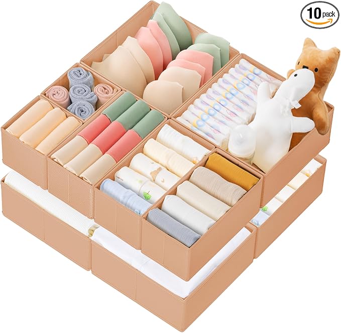Criusia Drawer Organizer Clothes, 10 Pack Dresser Organizer for Baby Clothes, Underwear, Sock- Foldable Closet Organization and Storage Dividers Bins for Nursery, Bedroom (Brown)