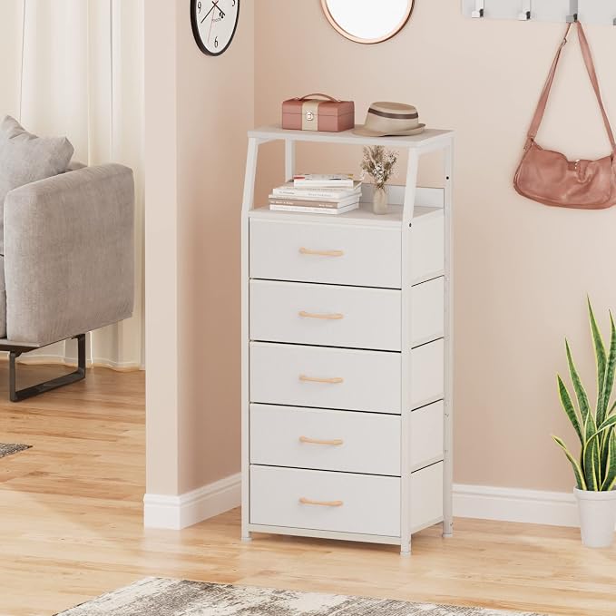 Furnulem White Tall Dresser for Bedroom, 5 Fabric Bins Tall Nightstand | Dorm Dresser, Vertical Storage for Closet, Chest of Drawer for Entryway, Nightstand Bedside Table, Metal Frame,Wood Top