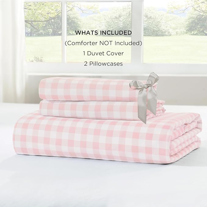 Andency Pink Gingham Duvet Cover King, Ruffle Shabby Chic Bedding Set 3 Pcs | Farmhouse Soft Pre-Washed Polyester Comforter Cover with Zipper Closure & Corner Ties, 104x90Inch