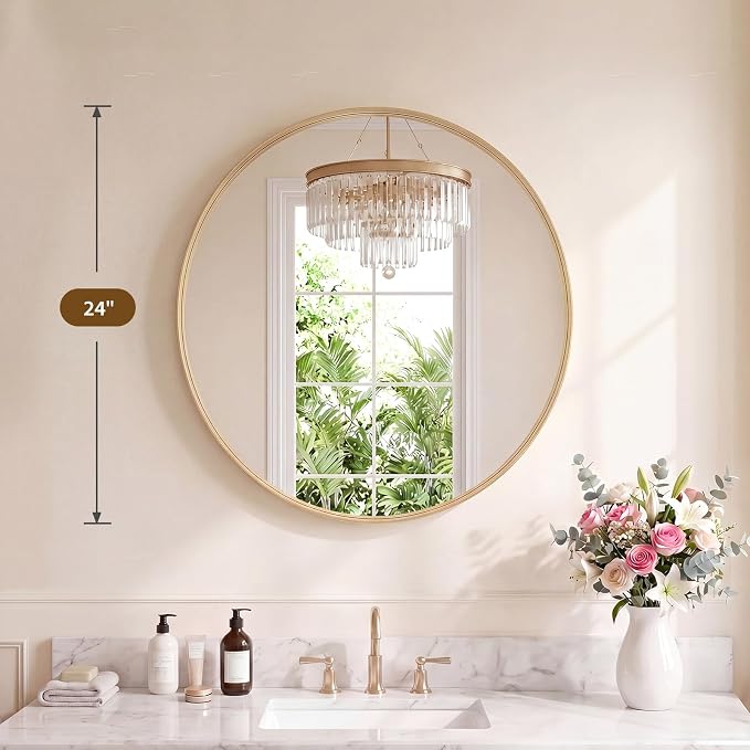 Sweetcrispy 24 Inch Round Bathroom Wall Mirror, Circle Vanity Mirror | Matte Metal Frame Mirrors fo over Sink, Home Decor, Living Room, Bedroom Hang Mount, Gold