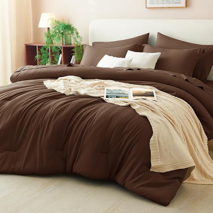 Oversized Queen Comforter Set Brown, 7 Pieces Bed in a Bag | OEKO-TEX Certified, All-Season, Bedroom, 240GSM Down Alternative Comforter, Flat & Fitted Sheets, 2 Pillowcases & 2 Shams