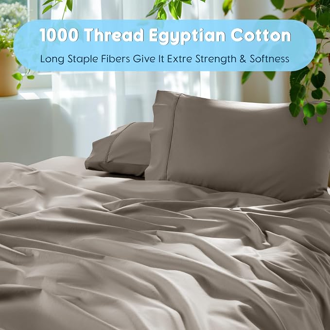 SONORO KATE 1000 Series 100% Egyptian Cotton King Sheet Set,4 Pieces | Soft,Breathable Long Staple,Sateen Weave,Luxury 5-Star Hotel Bed Sheets,16" Deep Pocket,Taupe