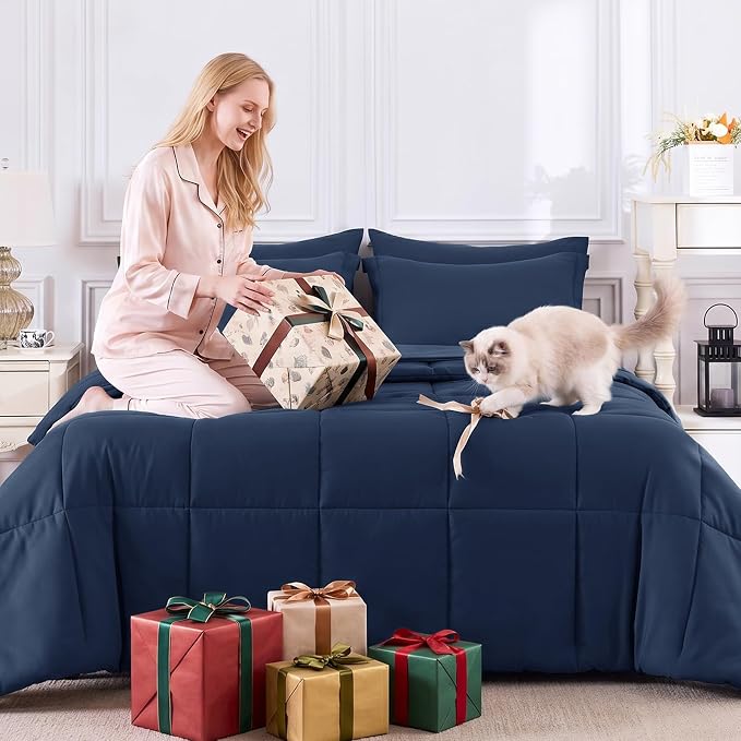 Full Size Comforter Sets, 7-Piece Bed in a Bag, Navy Blue | OEKO-TEX Certified, Box-Stitched Design, 240 GSM Down Alternative Fill, All-Season Comfort, Sheets, Pillowcases & Shams