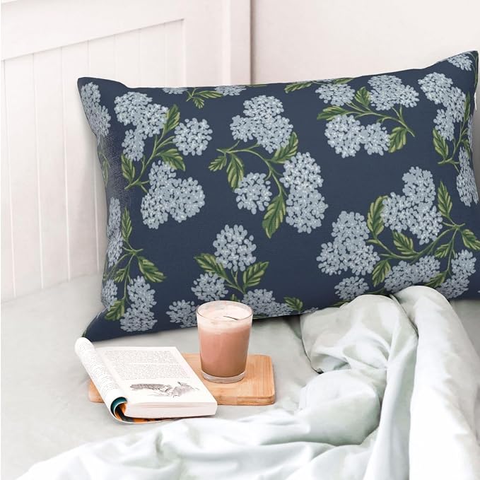 Navy Blue Spring Pillow Covers 12x20 Inch 2 Pcs Blue Green Hydrangea Flower Decor Throw Pillows Vintage Floral Seasonal Summer Outdoor Decoration Pillowcase Linen Cushion Cover for Couch Sofa