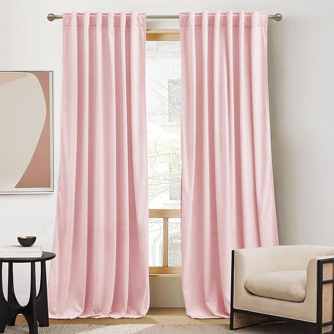 RYB HOME Baby Pink Velvet Curtains 90 inches for Girls Bedroom Nursery | Thermal Insulated, Privacy UV Block, Noise Reducing, Energy Saving, Luxury Window Decor for Dining Room, W52 x L90, 2 Panels