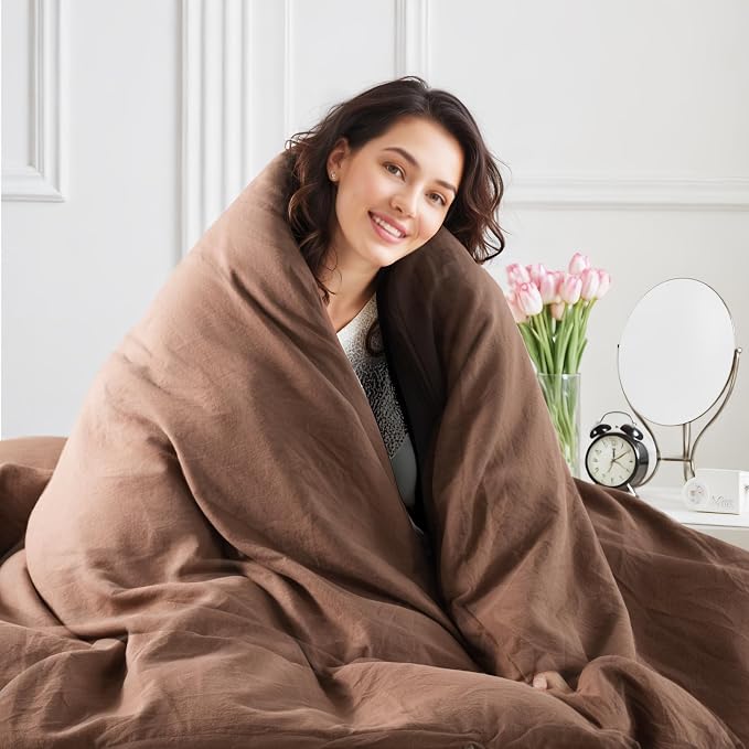 NEXHOME PRO Duvet Cover Set 100% Washed Cotton Oversized Queen 98"x98", Organic Natural Linen Look Textured 3 Pieces Bedding Set Mocha with Zipper Closure, Soft (No Comforter)