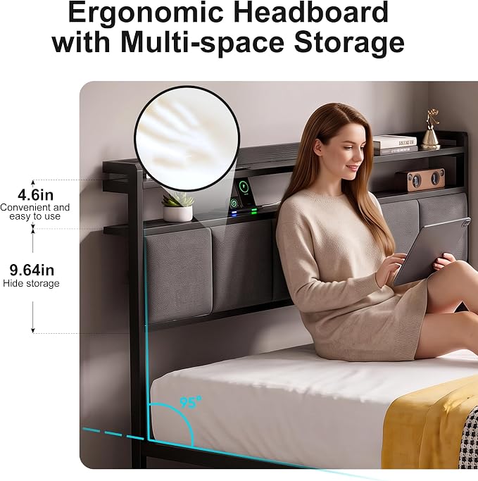 Full Bed Frame with 2 Storage Drawers, Platform Bed with LED Lights & Charging Station, Upholstered Headboard with 2-Tier Shelves, Heavy Duty Metal Sltats, No Box Spring Needed, Noise Free