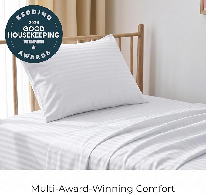 Mellanni Iconic 3-Piece, Ultra Soft Sheet Set (Twin, Striped White) | 10M+ Sleepers. Lab-tested: Sleeps Cool, Stays Bright, Strong, Smooth. Good Housekeeping Best Bedding, 7 yrs running.
