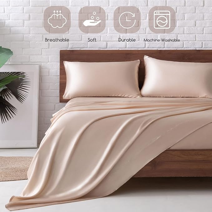 MR&HM Satin Sheets King Size with Elastic Corner Straps, Champagne | Similar to Silk, 4-Piece Silky Soft Bed Sheet Set, Gentle on Skin and Hair, 15" Deep Pocket, Cooling & Breathable