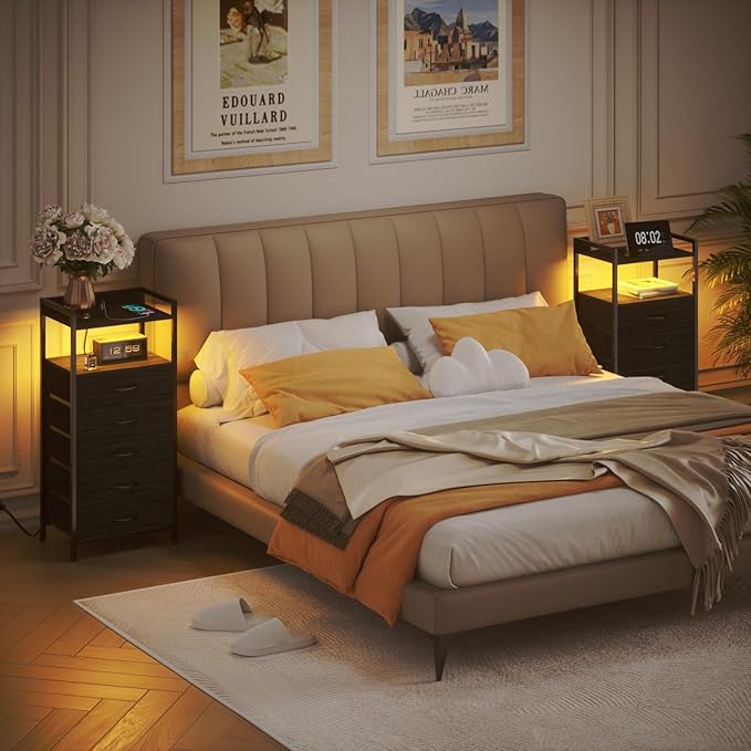 Furnulem Nightstand with Charging Station,LED,5 Drawers Dresser for Bedroom | Tall Bedside Table,Dorm Night stand with LED Light & Remote Control, Metal Frame and Fabric Bins,Wood Desk Top,Easy Assemble