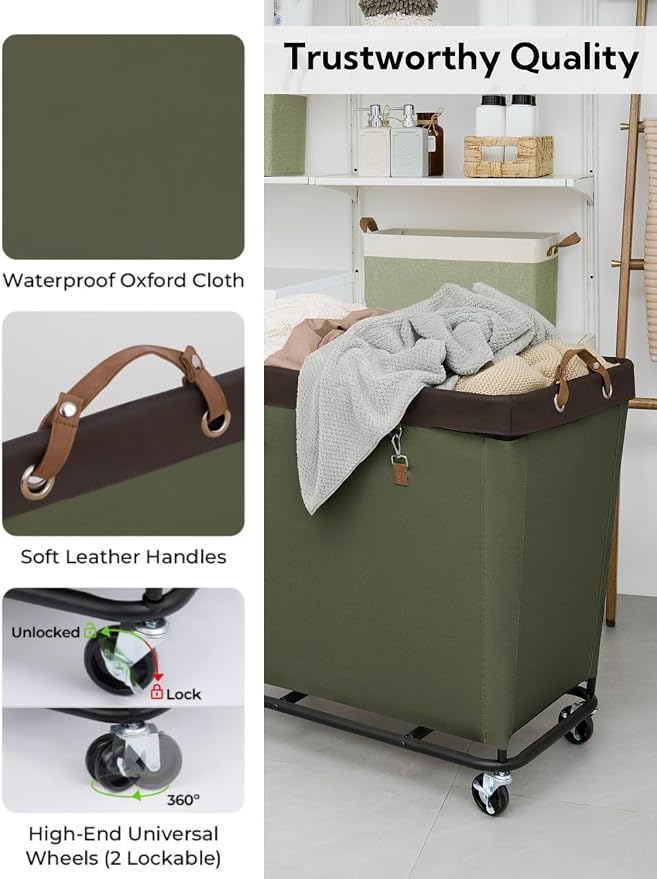 StorageWorks 320L Laundry Basket with Wheels, Rolling Hampers for Clothing | Extra Large Green Laundry Basket with Wheels, Metal Frame & Handles, Hamper for Bedroom, Bathroom, Hotel