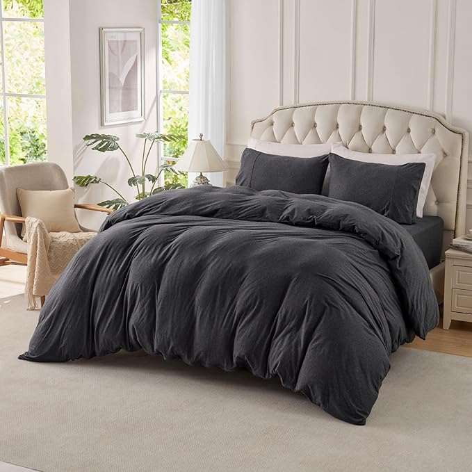 PURE ERA Jersey Knit Sheet Set Heather Charcoal Grey King | 100% Cotton, 3 Piece Set, T Shirt Soft, Breathable, Envelope Closure Pillowcases, Hidden Zipper, 8 Ties, No Insert, Modern