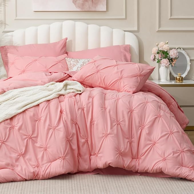 BEDELITE Full Comforter Set Pink,Lightweight & Soft Comforter | 7 Pc Boho Bed in a Bag,Warm & Cute Bed Set for All Season,Includes Comforter,Flat & Fitted Sheets,2 Pillowcases & 2 Shams