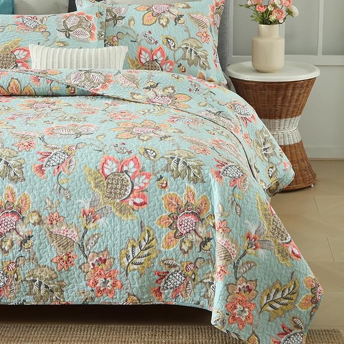 Wistown Cotton Bedspread Bedding Coverlet Quilt Sets, Reversible Vintage Branch Floral Bedspread comforters, (Vintage Floral Blue Pattern, Queen Size)