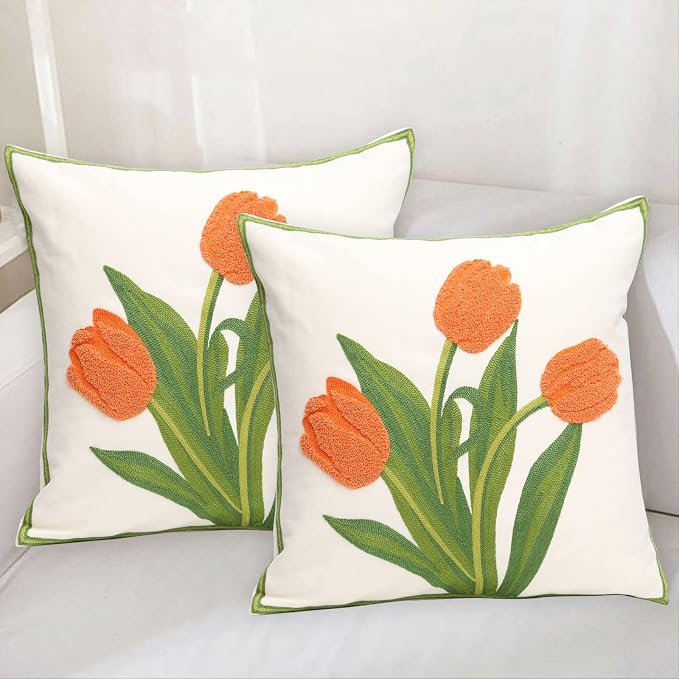 Pack of 2 Embroidered Decorative Throw Pillow Cover 18x18 Inch Farmhouse Floral Pillowcase for Living Room Sofa Bed (Orange Tulip)