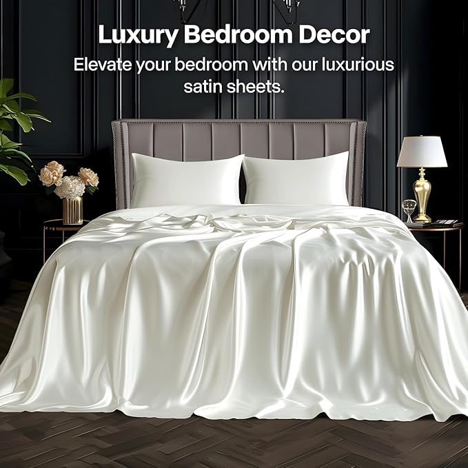 BEDELITE Satin Sheets Full Size Bed Set, Ivory White, 4 Pieces | Luxury Silky Bed Sheets, 15 Inch Deep Pocket, Similar to Silk, Soft and Cooling, Reduces Friction, Gentle on Hair and Skin