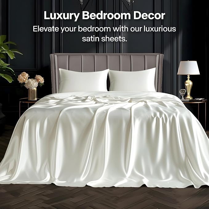 BEDELITE Satin Sheets California King Size Bed Set, Ivory White, 4 Pieces | Luxury Silky Bed Sheets, 15 Inch Deep Pocket, Similar to Silk, Soft and Cooling, Reduces Friction, Gentle on Hair and Skin