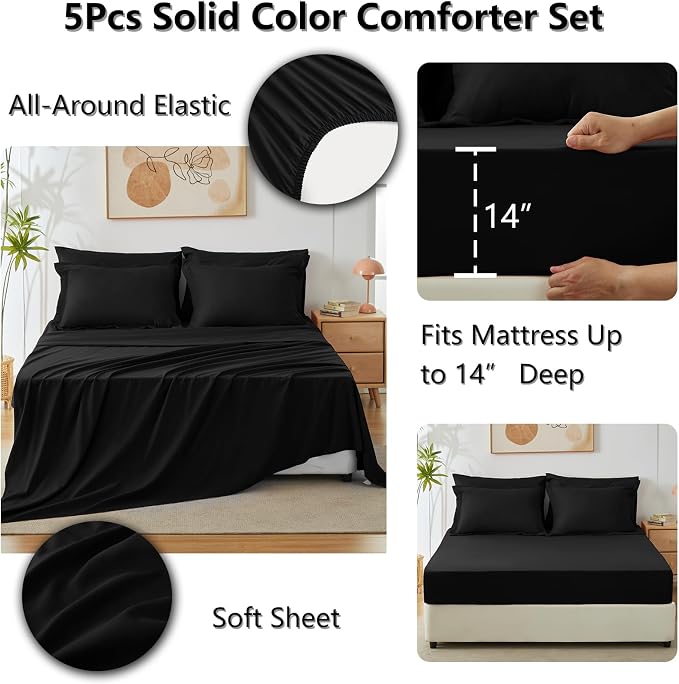 Twin Comforter Black, 5 Pieces Bed in a Bag | College Dorm Essentials, OEKO-TEX Certified, 240GSM Down Alternative Comforter, Flat & Fitted Sheets, Pillowcase & Sham