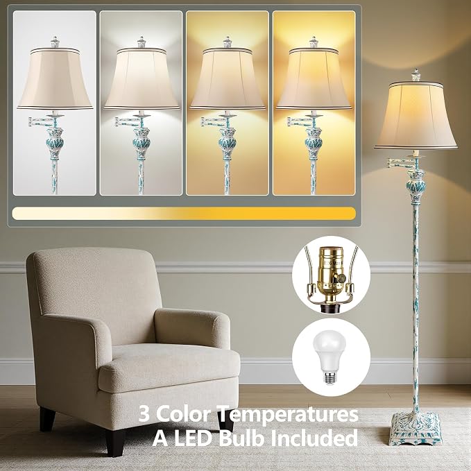 PARTPHONER Vintage Floor Lamps for Living Room,Traditional 350° Adjustable Swing Arm Farmhouse Floor Lamp for Bedroom, Rustic Standing Lamp Pole Lamps for Reading, Home Décor and Office, Washed Blue