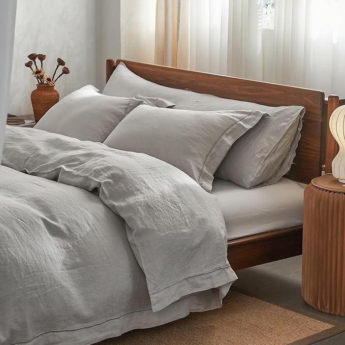 Simple&Opulence 100% French Linen Duvet Cover Set with Embroidered,3 Pcs Washed Soft Farmhouse Bedding Set with Button Closure,1 Comforter Cover and 2 Pillowshams(Queen,Grey)