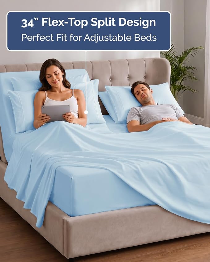 Extra Deep Flex Top Split Head King Sheet Set - 6 Piece Breathable and Cooling Sheets - Hotel Luxury Bedding for Women, Men, Kids & Teens - Easy Secure Fit - Extra Deep Pockets - Sky Blue