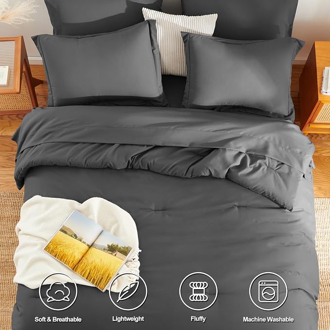 HIMEET King Comforter Set, 7-Piece Point-Quilted Bed in a Bag, Dark Grey | OEKO-TEX Certified, Lightweight 240 GSM Comforter, Flat Sheet, 14-Inch Deep-Pocket Fitted Sheet, Pillowcases & Shams