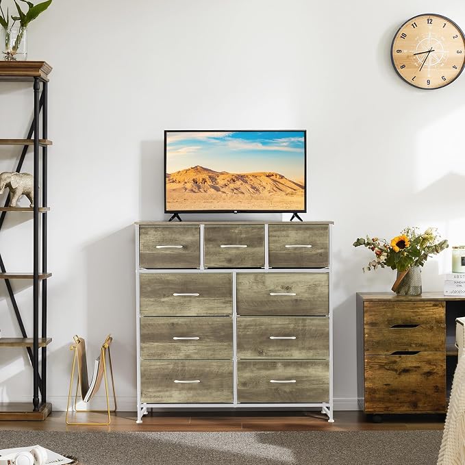 DUMOS 9 Drawer Dresser for Bedroom, Storage Organizer Chest of Drawers | Fabric Bins Storage Tower with Sturdy Metal Frame, Wood Tabletop for Closet, Oak