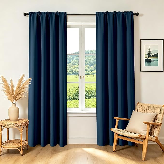 CUCRAF Navy Blue Blackout Curtains 90 inch Length 2 Panels Set, Rod Pocket Room Darkening Drapes for Bedroom Living Room, Insulated Thermal Light Blocking Window Curtain (W52 x L90 Inch)
