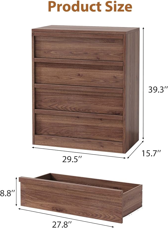 Garvee 4 Dresser for Bedroom, 39.3" Tall Dresser, Freestanding Vertical Drawer with Storage, Wooden Closet Chest Storage for Living Room, Hallway, Entryway, Walnut