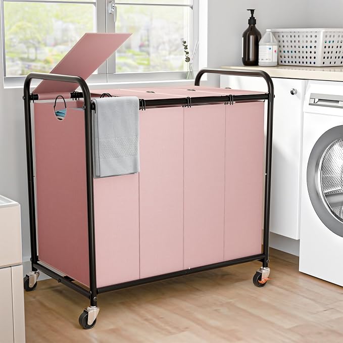 Laundry Sorter 4 Sections 48 Gal, Rolling Laundry Basket with Wheels ＆ Lid | Laundry Hamper, 4 Separated Removable Bags, Lockable Wheels, Dirty Clothes Hamper for Laundry Room Organizer, Pink