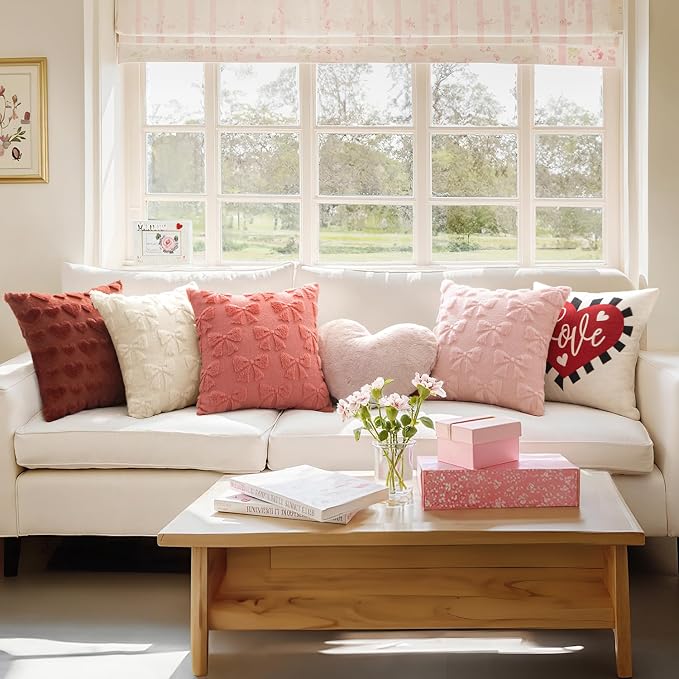 MIULEE Coral Red Bow Pillow Covers Coquette Room Decor 20x20 | Aesthetic Decorative Cute Girl,Set of 2 Cushion Covers,Soft Plush Faux Pillowcases,Preppy Room Decor Bedroom Couch